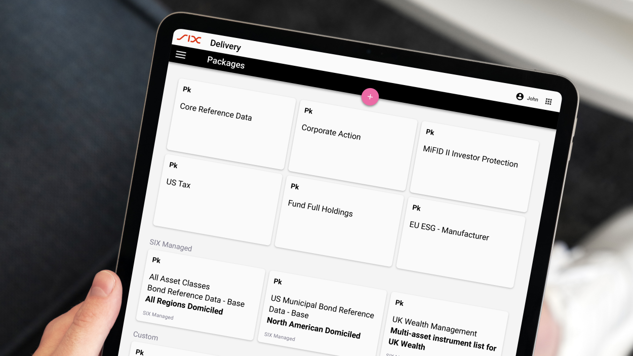 Tablet displaying all SIX Flex data packages, tailored for corporate actions, pricing, reference, ESG, and regulatory data. 