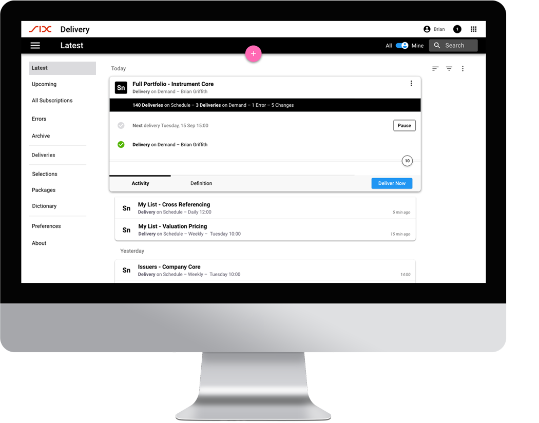 Computer displaying Full Portfolio – Instrument Core from SIX Flex, showcasing easy CSV file integration for user-defined schedules. 